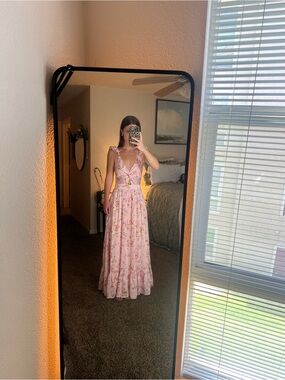 Women’s Pink Floral Maxi Dress with Ruffle Straps Altar’d State